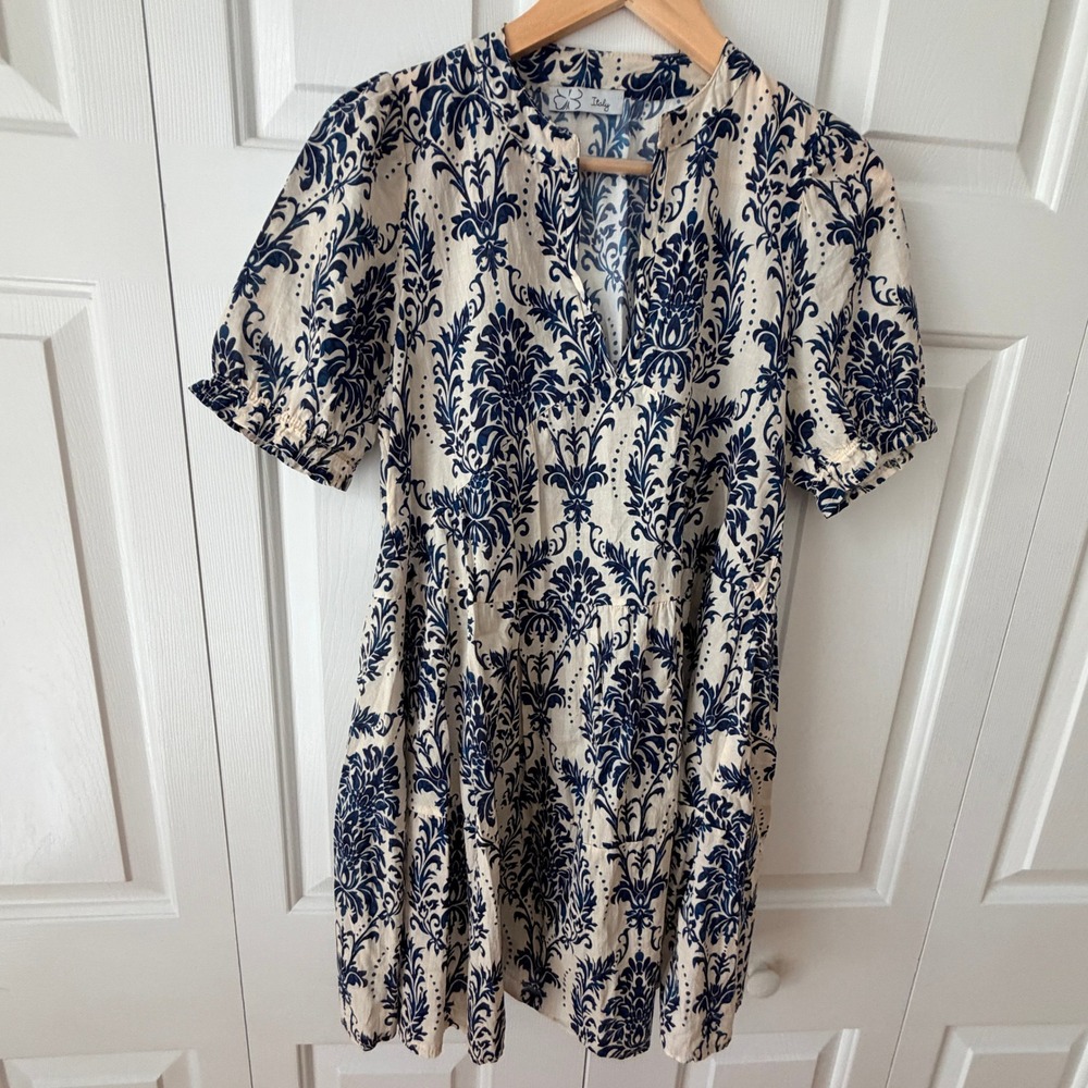 Italy Blue White Damask Cotton Tiered Mini Dress Short Puff Sleeve Split V-Neck